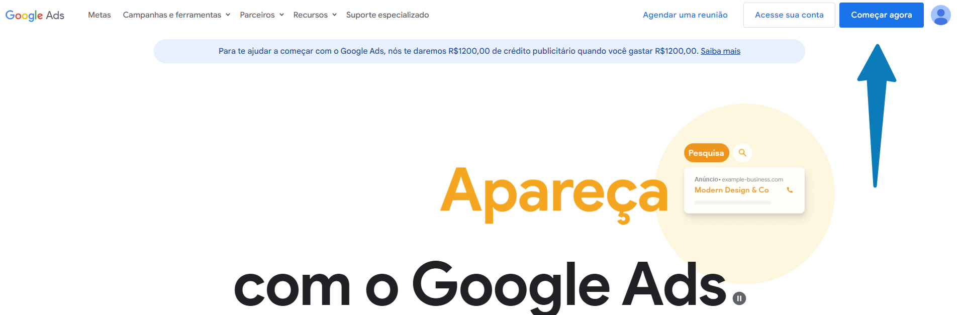 Botão para criar uma conta no Google Ads