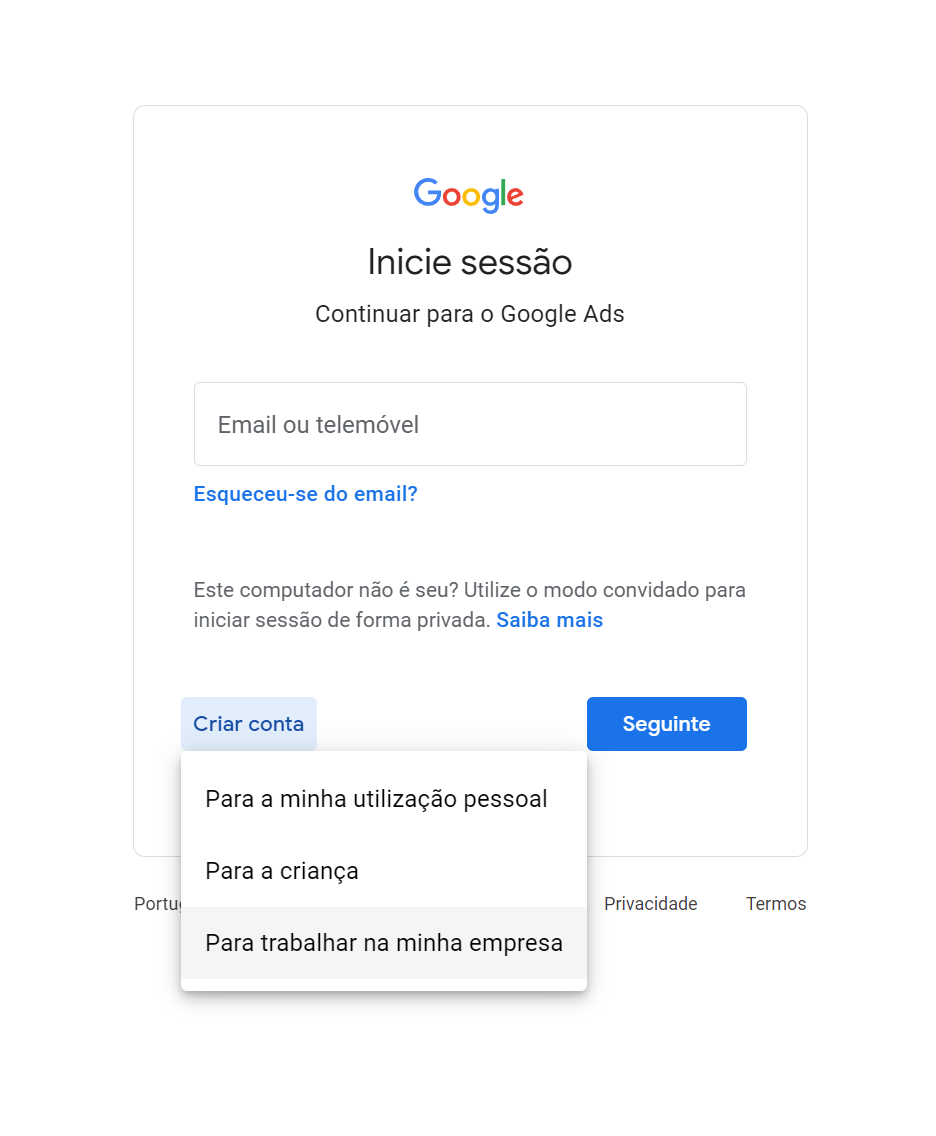 Criar Conta no Gogole Ads - para minha empresa