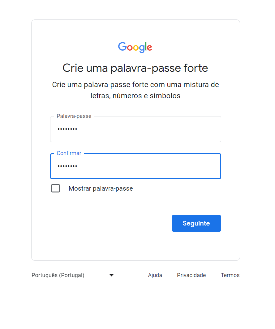 crie uma senha para criar sua conta do Google Ads